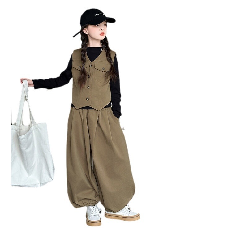 여자 옷 가을 어린이 캐주얼 세트 빈티지 세트 조끼 보토밍 셔츠 블러머 3 피스 세트