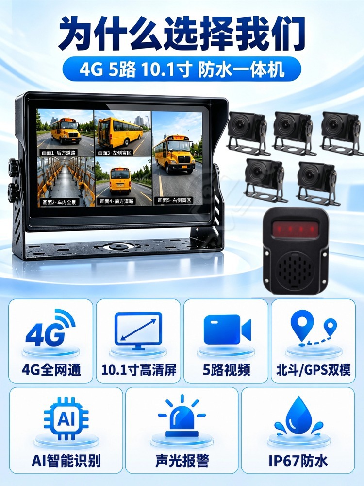 Truck 10.1-Inch 4g 5-Channel Monitoring All-In-One Device with Driving Recorder, Beidou Positioning, Waterproof Blind Spot Monitoring Display