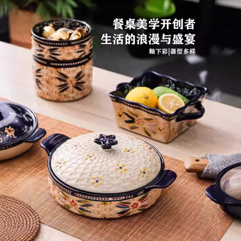 Vintage Ceramic Double-Handle Soup Bowl Set with Lid, Underglaze Color, Thickened Kitchen Tableware Soup Bowl