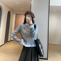 WTHEONE气质蝴蝶结荷叶边修身显瘦拼接假两件针织开衫女2025春季