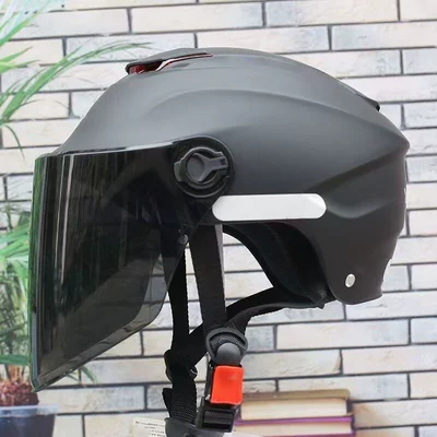 motorcycle half helmet, Motosiklet kaskı (dəbilqə) - 313-double-mirror-black-sun-protection-long-mirror-reflective-patches-one-size-fits-all