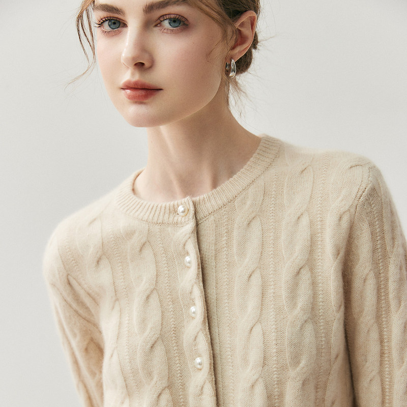 HE |   Laolun same style vintage Hechen cashmere knitted cardigan for women, round neck cable knit sweater, loose-fitting coat