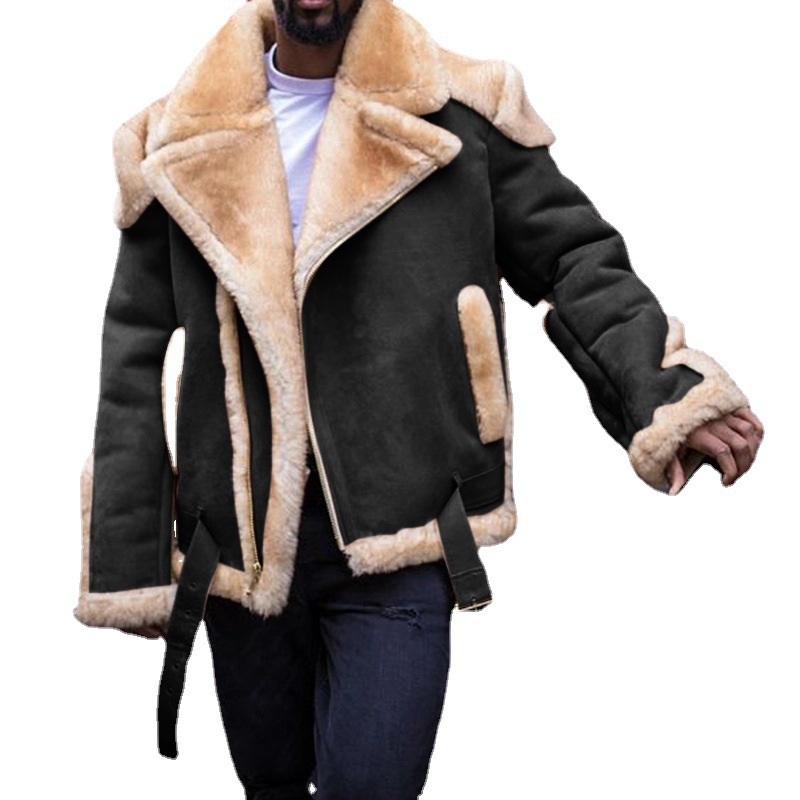 Heavy Industry High-end Suede Locomotive Fashion Jacket Large Lapel Thickened Cotton Jacket Zipper Side Seam Socket Retro Men's Outerwear_voghion.com