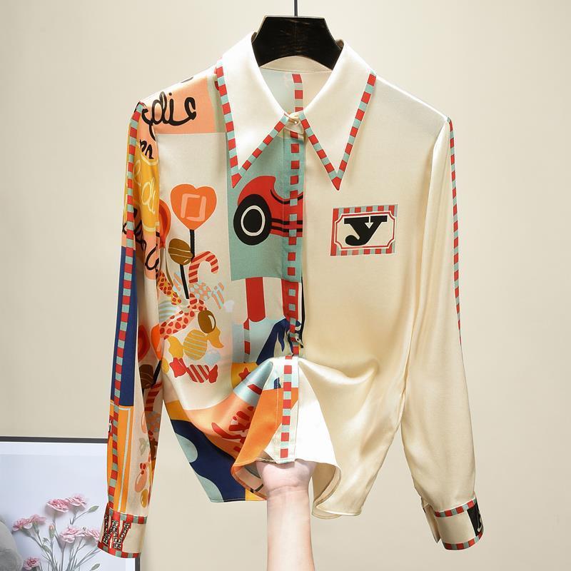 高級感のあるシャツの女性のデザイン感の雰囲気の長袖の新型のシフォンの精巧で怠惰な風のヨーロッパ駅のプリントの上着|undefined