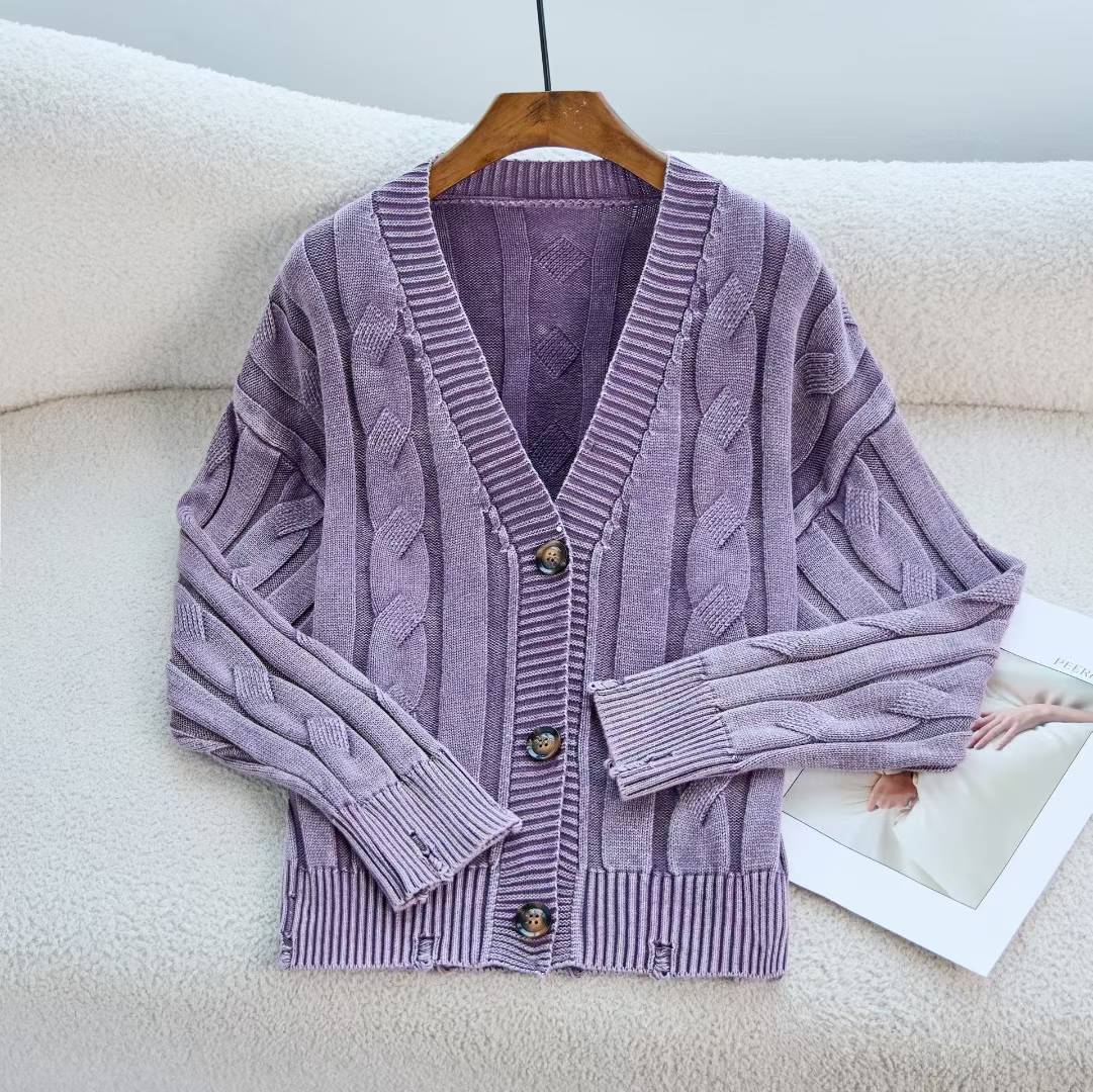 Coreano retro cuello redondo torcido de camisa de punto de mujer otoño y invierno nuevo estilo para hacer viejos agujeros suéter suelto chaqueta de mujer image 8