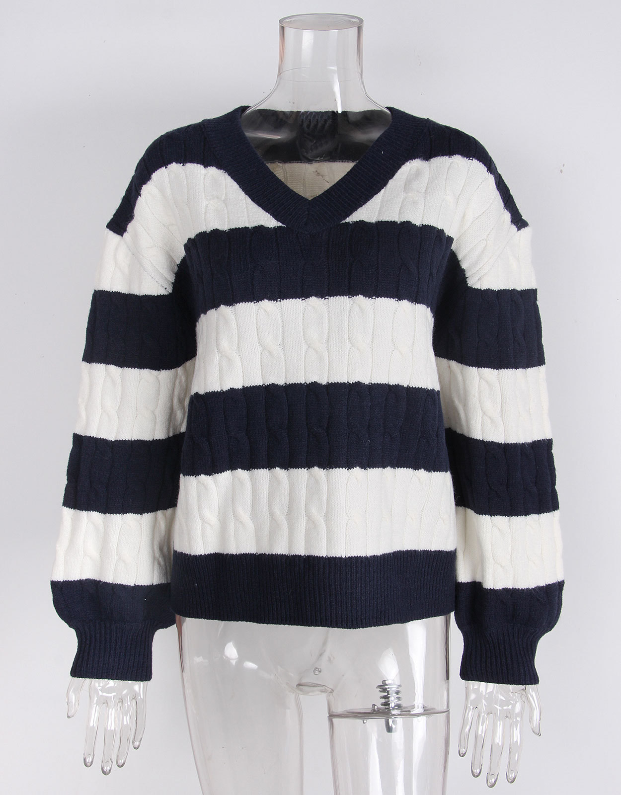 Damenbekleidung Herbst- und Winterpullover All-Match-Pullover V-Ausschnitt Langarm gedrehter gestreifter Strickpullover in Kontrastfarbe_voghion.com