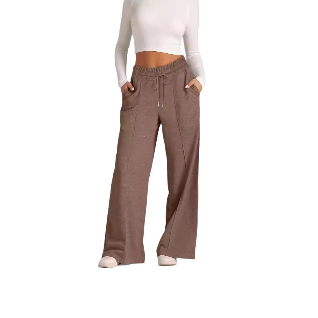 Women's Clothing drawstring solid color waist fashion wide leg casual trousers_voghion.com