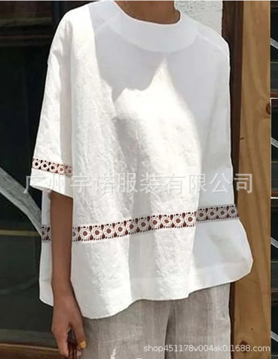 Amazon deseo AliExpress 2023 nuevas mujeres europeas y americanas de algodón Lino encaje costura camisa casual