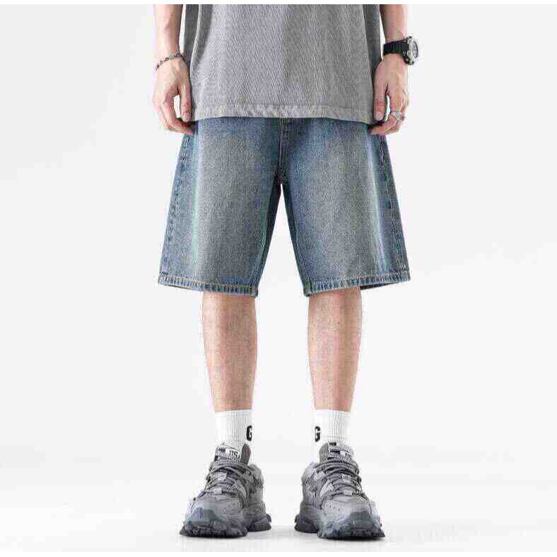 2025 New Cleanfit American Style Distressed Retro Double Knee Straight Leg Tall Denim Shorts Five-Quarter Pants