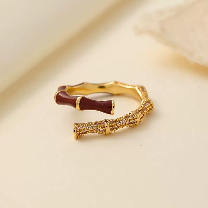 新款时尚锆石红色滴油锆石竹节戒指女小众设计高级感开口戒子指环