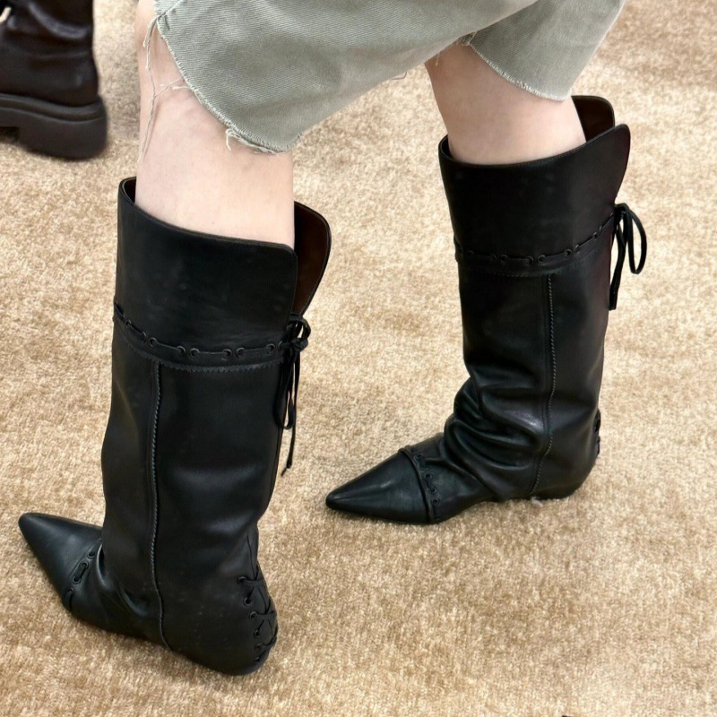 羊皮~复古尖头褶皱堆堆靴女两穿辣妹西部牛仔靴内增高显瘦长筒靴|undefined