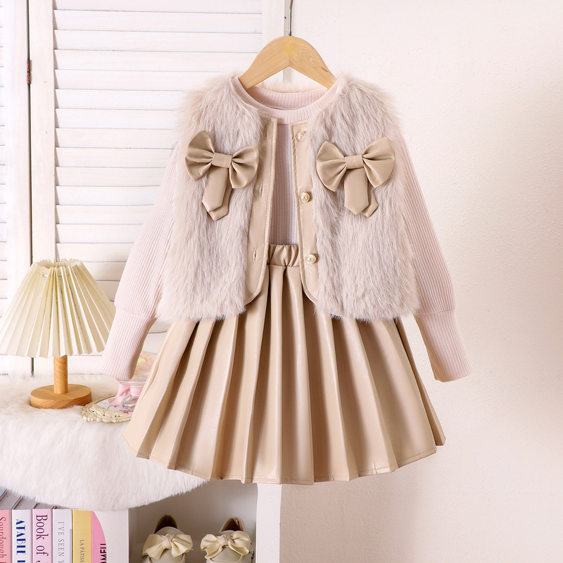 Kids clothing 跨境外贸秋冬新款小童杏色毛毛马甲打底衫百褶短裙|undefined