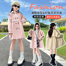 女童风衣2025秋装中大儿童中长款双排扣英伦风大衣翻领外套上衣潮