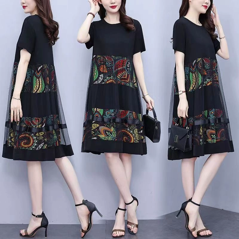Женская одежда больших размеров, лето 2025, толстое мм, корейское стильное тонкое и универсальное платье средней длины с принтом, закрывающее живот