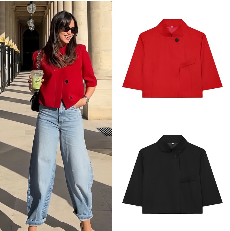 Taop&Za New European and American Style Fashionable Stand-Collar Short One-Button Short-Sleeve Blazer Jacket