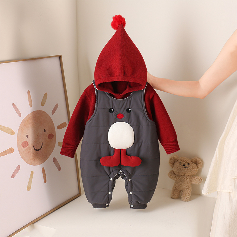 Baby Clothes Autumn and Winter Penguin Overalls Baby Boy Jumpsuit Winter Quilted Fleece-Lined Sweater Two-Piece Set