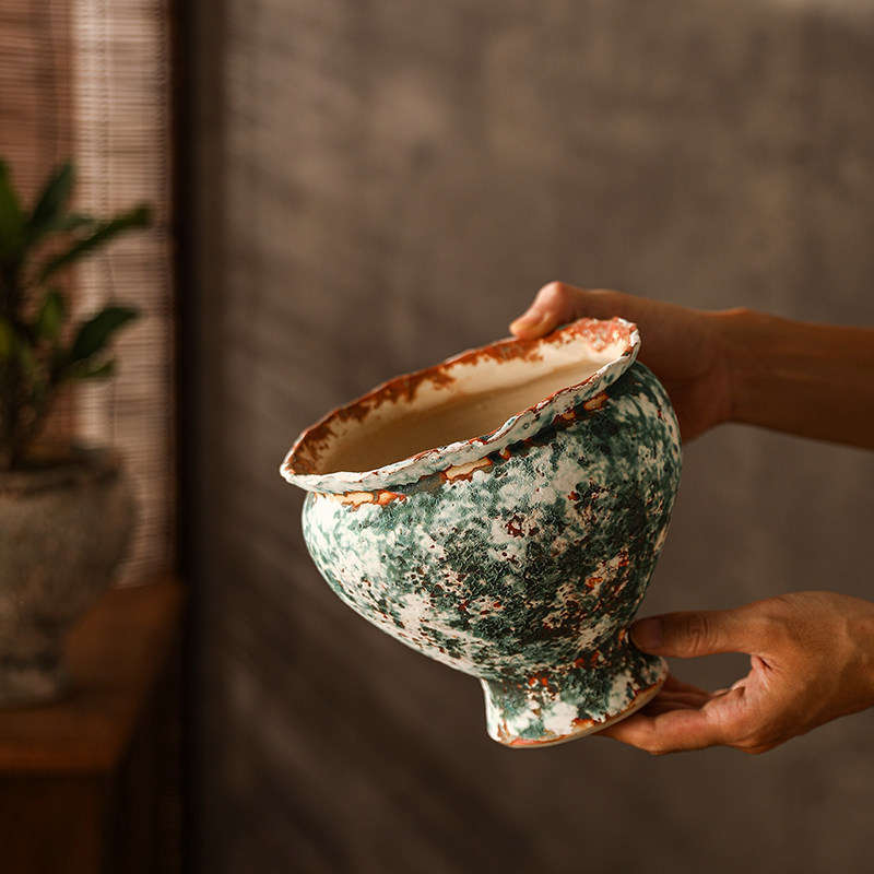 Jingdezhen Ceramic Flower Pot, Vintage Handmade Rustic Pottery, Distressed Wabi-Sabi Style, Mid-Century Zen-Inspired Tall Pot for Green Plants and Phalaenopsis