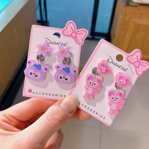 PINK LINGMA BEAR FURRY EARRINGS FOR GIRLS, PURPLE STARDUST CLEANSING EARRING CLIPS WITHOUT PIERCING