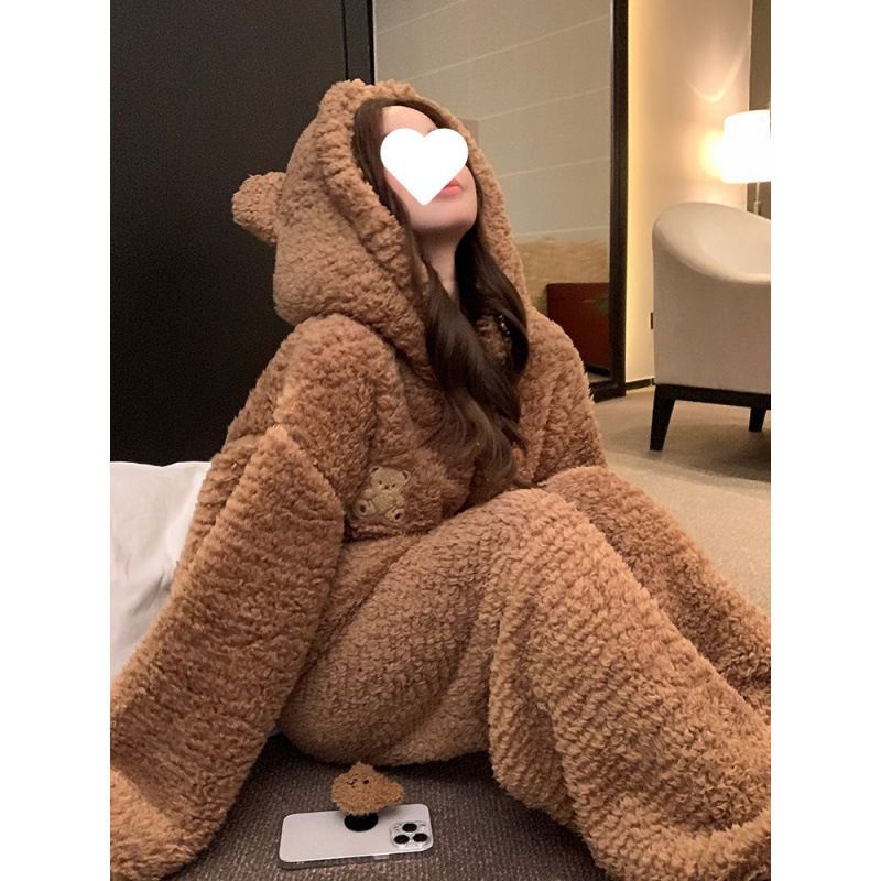 (2개) 귀여운 곰 잠옷 여성 겨울 두꺼운 따뜻한 산호 양털 정장 캐주얼 잠옷 바지 바지 홈 의류 투피스 세트