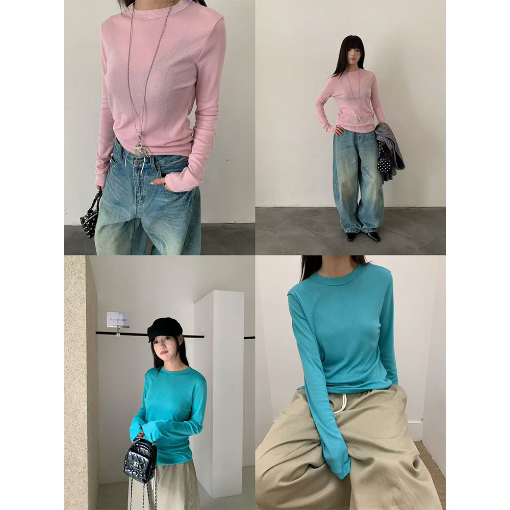 誉一新款2025秋季气质百搭宽松长袖t恤女微透纯色打底上衣女c2111