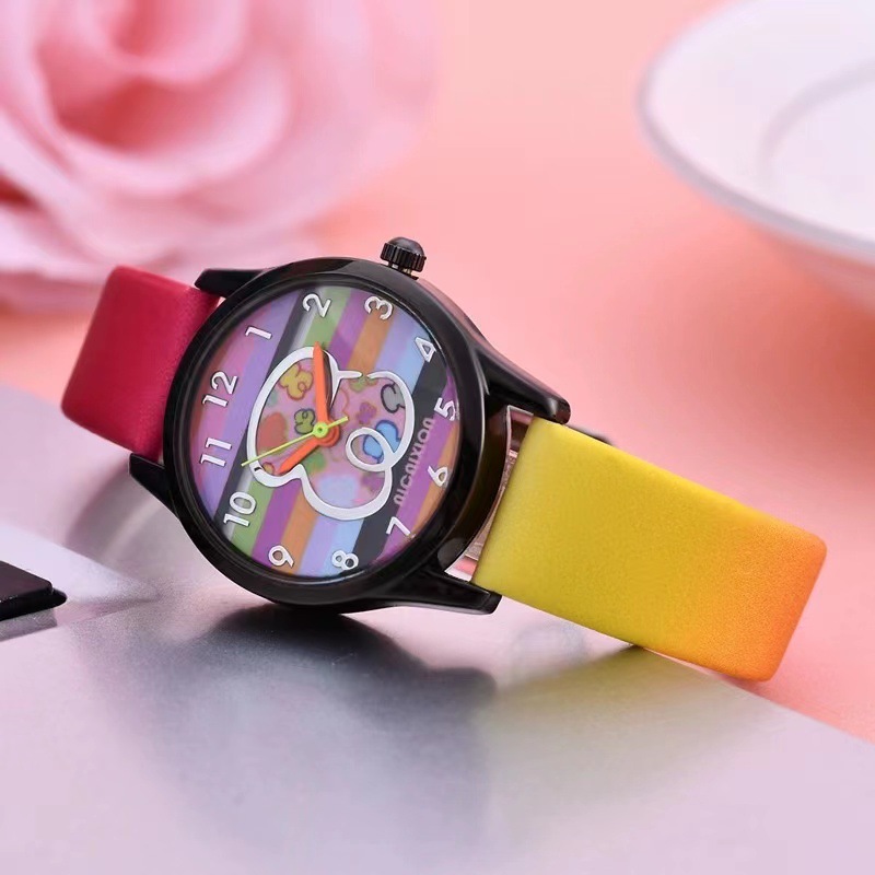 Selected  Trendy Cute Rainbow Belt Women's Watch Minimalist Little Bear Digital Student Watch Casual Personality Black Shell Women's Watch_voghion.com