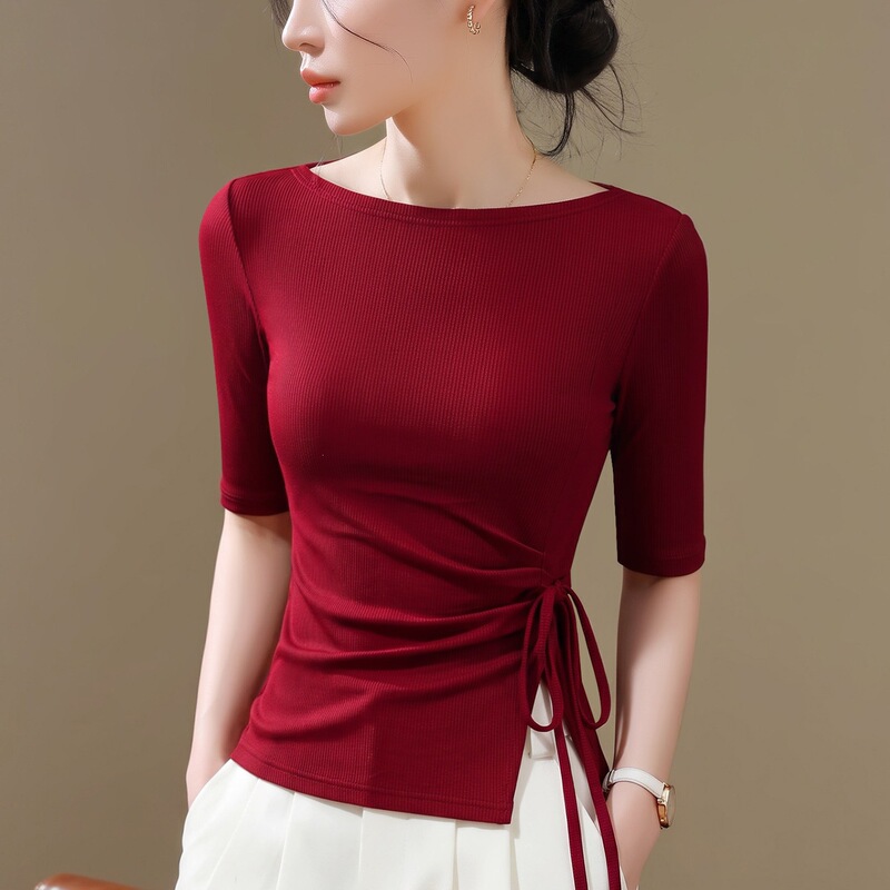 2026 New Spring and Autumn Black Mid-Sleeve T-Shirt for Women, Off-Shoulder Modal Tie Strap Slim Fit Three-Quarter Sleeve High-End Top 2026 New Spring and Autumn Black Mid-Sleeve T-Shirt for Women, Off-Shoulder Modal Tie Strap Slim Fit Three-Quarter Sleeve High-End Top