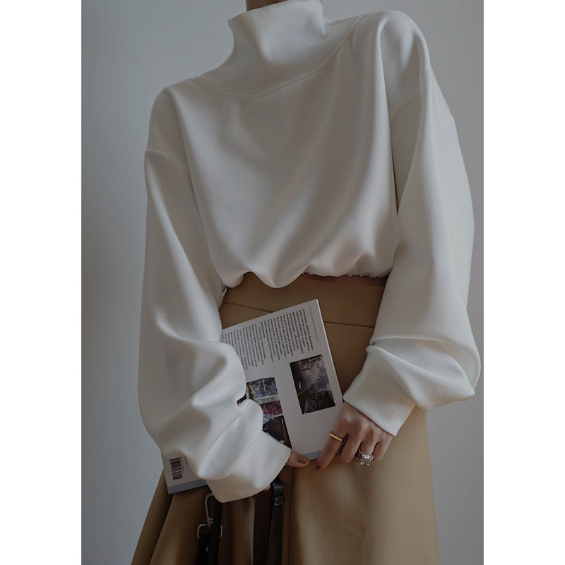 Shanlida Di Ins Style Niche Design White Half Turtleneck Short Long-Sleeved Loose Drawstring Sweatshirt for Women Autumn and Winter