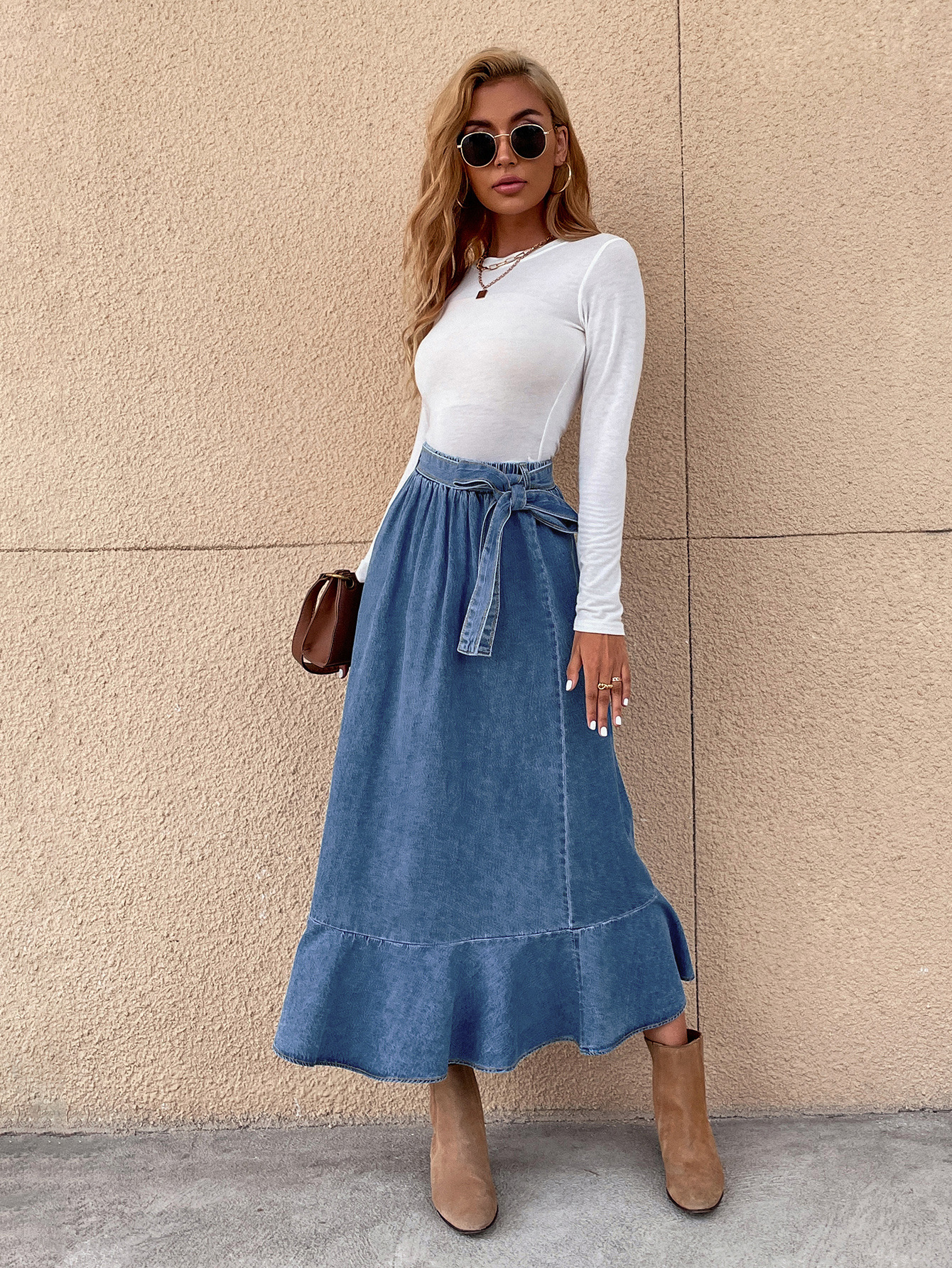 High-Waist Pleated Ruffled Package Hip Denim Skirt NSJM79883