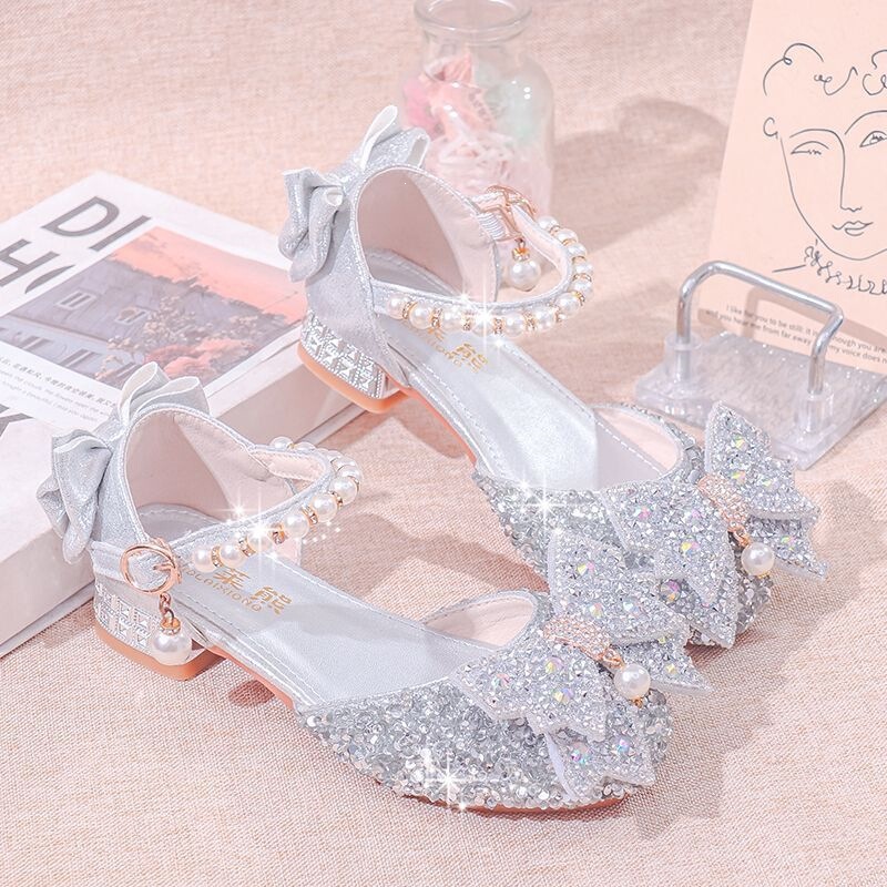 Summer Girls' High-Heeled Shoes, Silver Princess Leather Shoes, Children's Crystal Shoes, Performance Catwalk Etiquette Shoes, Little Girls' Sandals