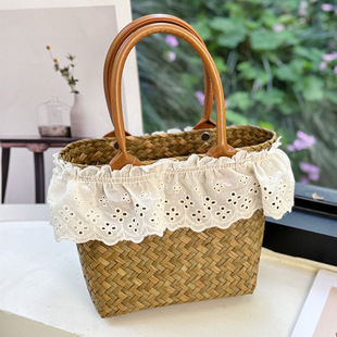 Xiaohongshu's popular casual seaside beach picnic leather-trimmed portable basket vegetable basket children's small bag