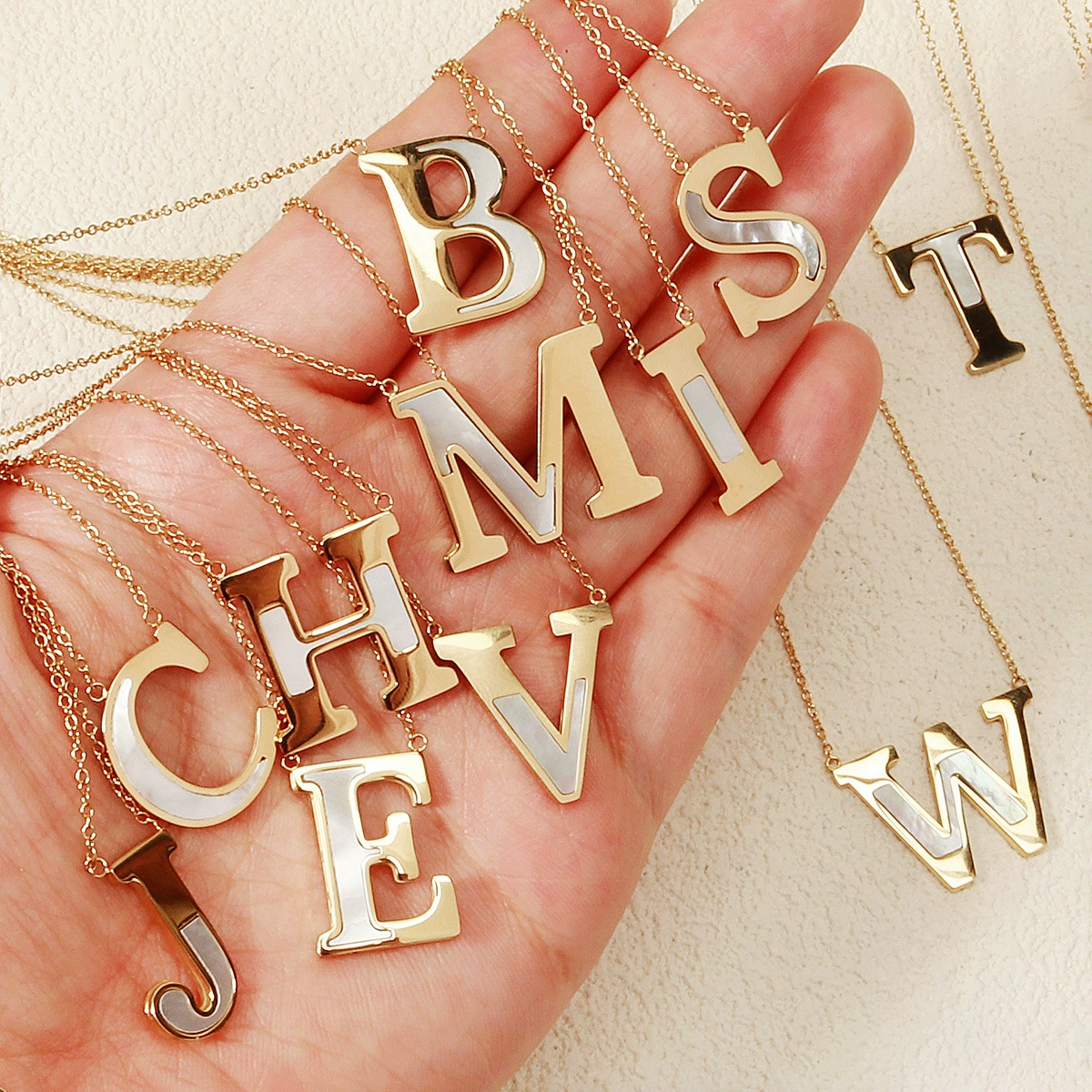 Golden necklace with letters stainless steel, stone inlay, brand fashionable universal pendant, chain for key bag , European style, DIY