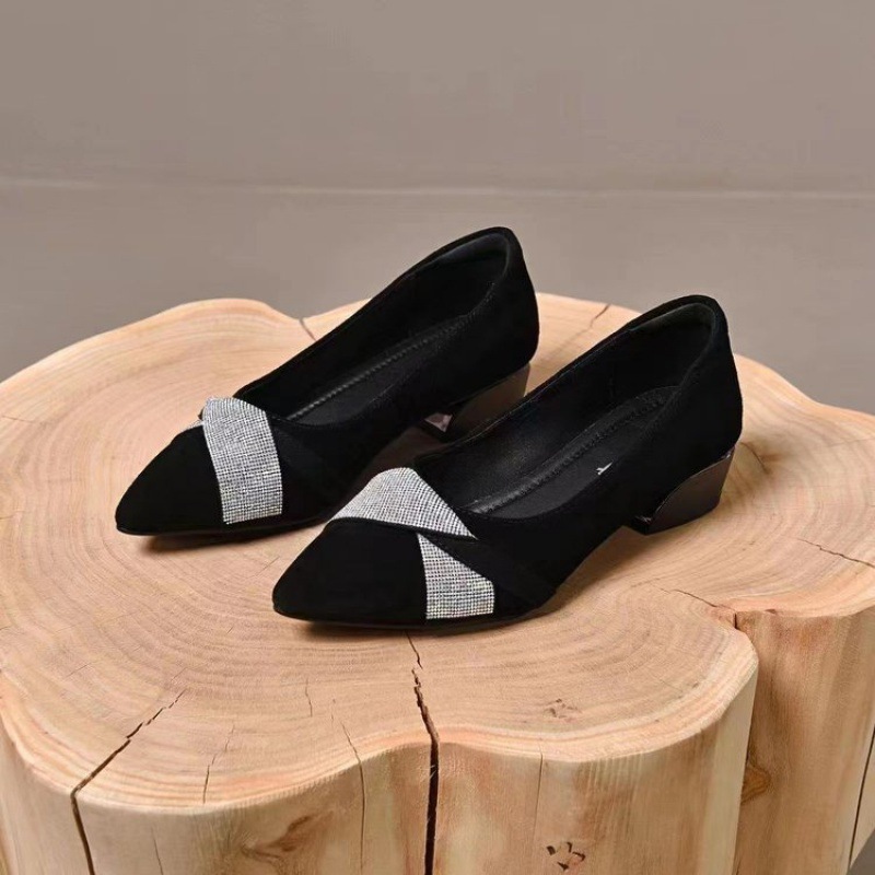 De goma puntiaguda de corte bajo de tacón bajo (menos de 3cm)PU gamuza zapatos de tacón cuadrado zapatos bajos