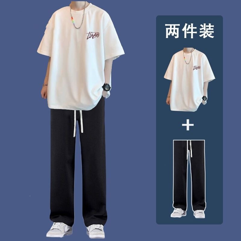 Summer T-Shirt Short-Sleeve Men's Set Ins Trendy Versatile Loose Straight-Leg Pants Two-Piece Student Sportswear Set