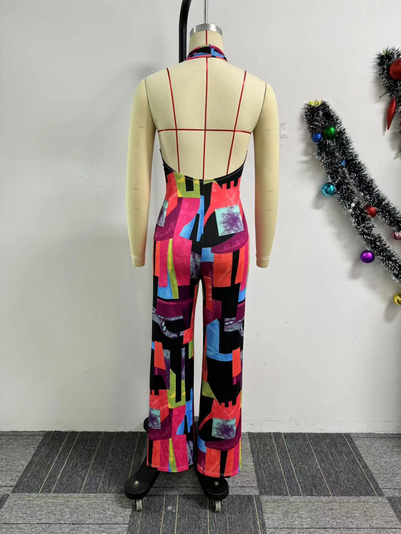 Sexy Printed Cross Halterneck Backless Stretch Slim Fit Bodysuit