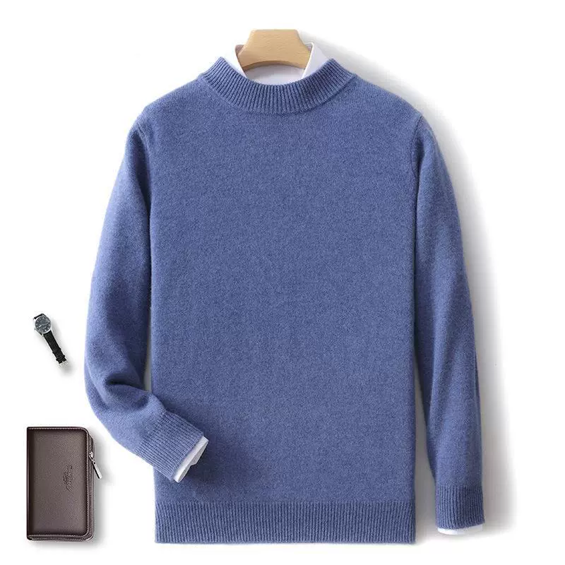 Осенне-зимний новый мужской трикотаж из 100 шерсти, утолщенный пуловер с полугольфом и длинными рукавами, однотонный свободный трикотаж большого размера