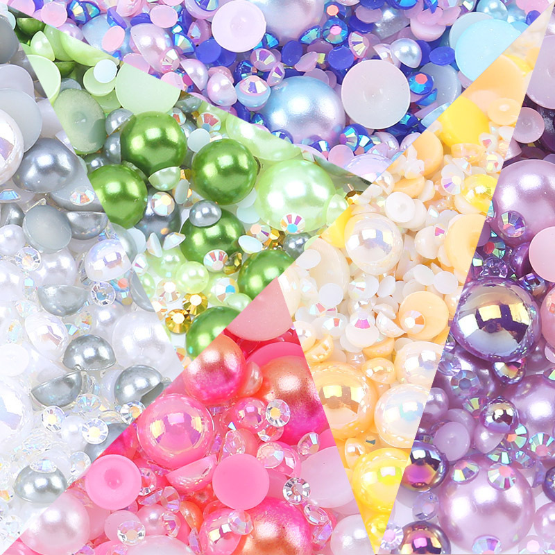 半円真珠樹脂ドリルメッキ美甲ドリル混合平底真珠携帯ケースdiyアクセサリー樹脂部品|undefined