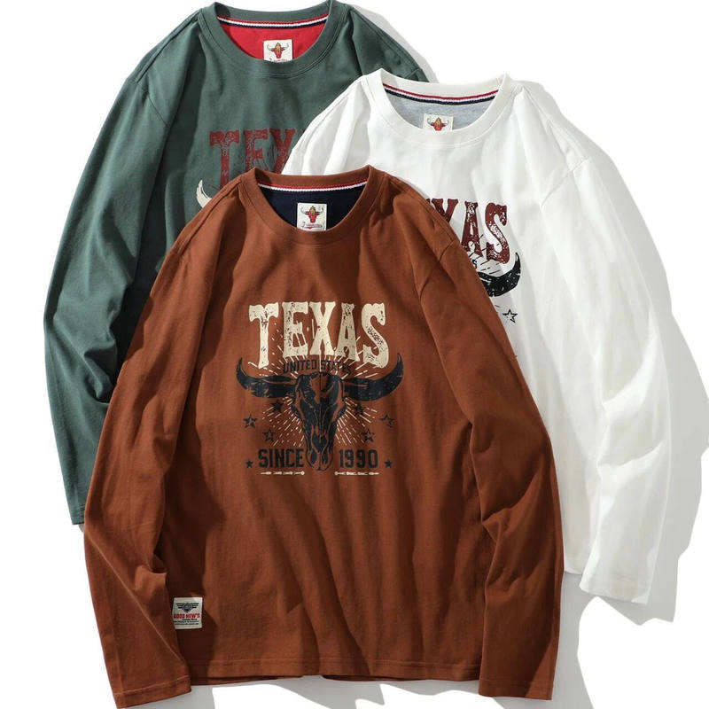 220g Heavy-Duty Washed Pure Cotton Brushed Autumn Men's Retro Distressed Printed Round Neck Casual Long-Sleeved T-Shirt Trendy