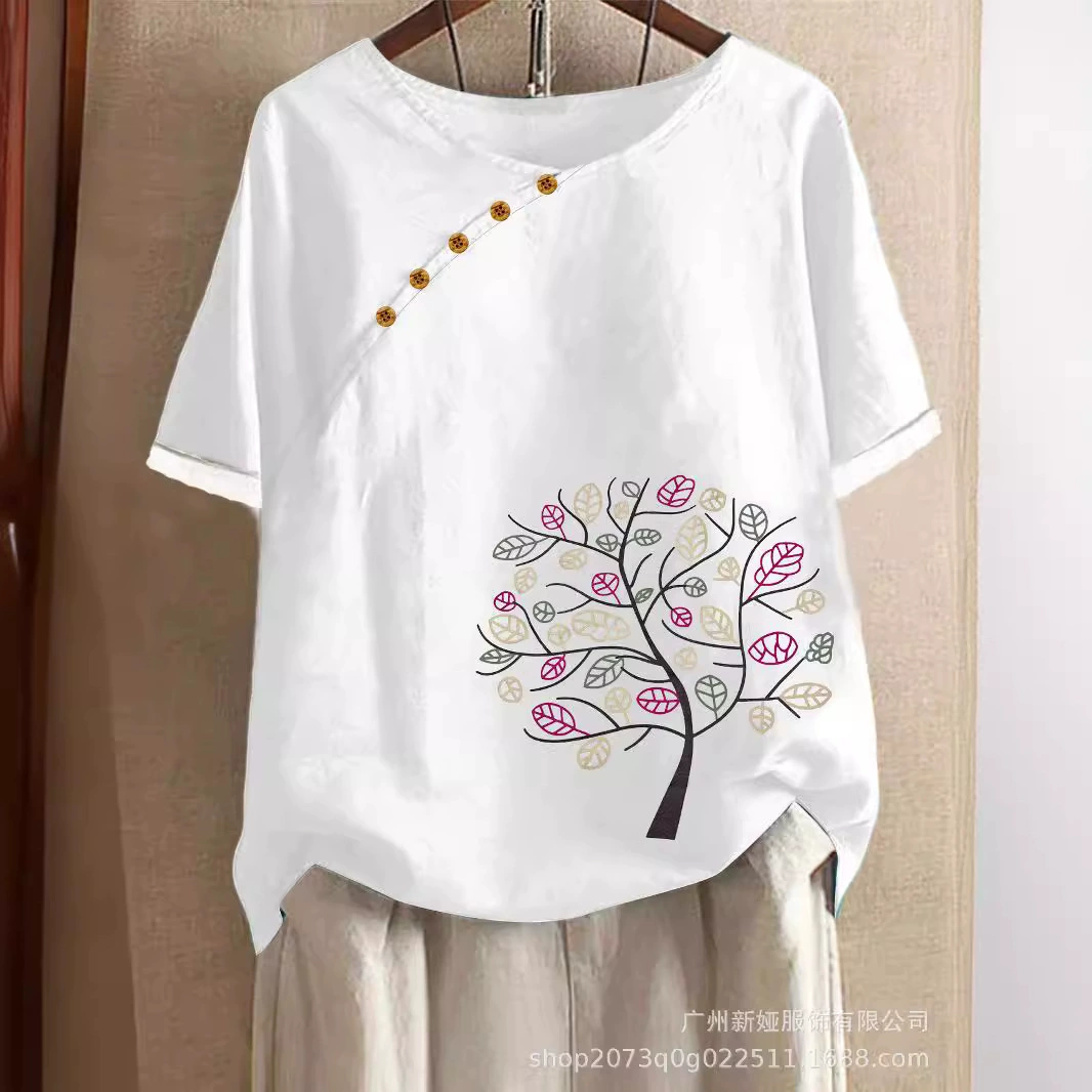 Новый стиль большого размера повседневный свободный хлопок и льна с короткими рукавами футболка вата и льна женская одежда