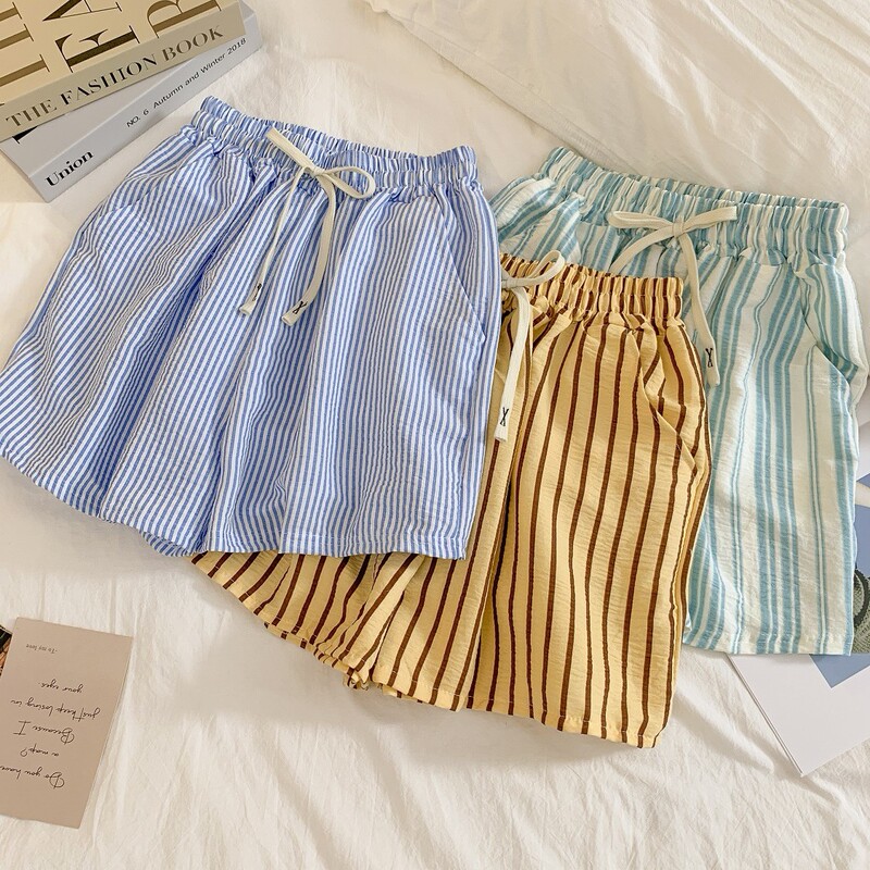 Blue Striped Dopamine Sleep Pants for Women, Summer Thin Shorts, Home Pants, Beach Casual Walking Pants, Can Be Worn Outside