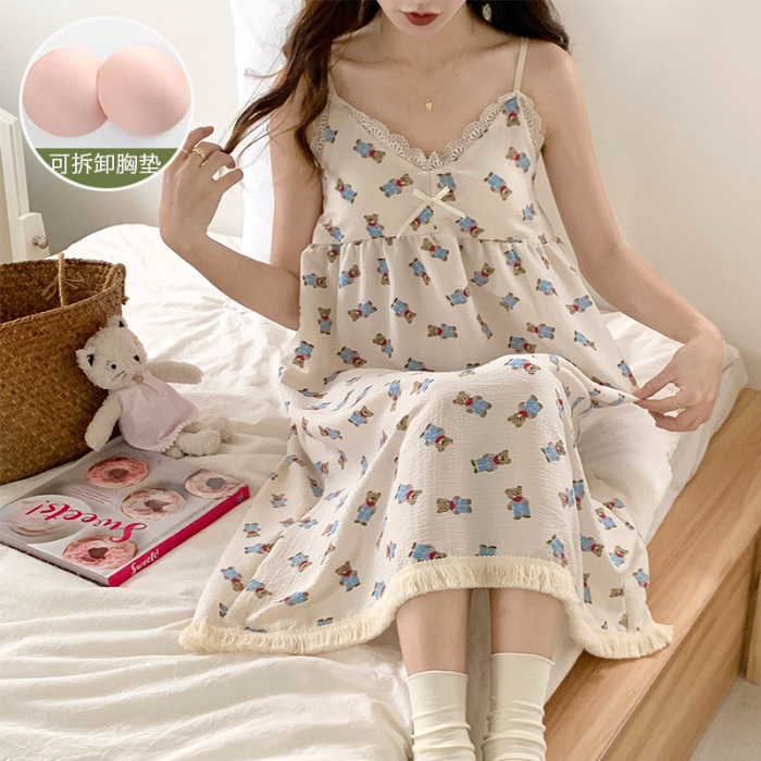 Verano desmontable Camisón con almohadilla en el pecho de las mujeres dulce lindo Sling tejido burbuja algodón vestir prendas exteriores homewear
