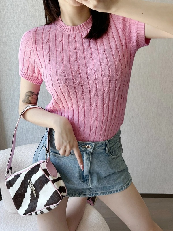 25 新しいラフウォーカーポニーロゴ刺繍ツイストケーブルセーターラウンドネック半袖 Tシャツ甘い女性トップ|undefined