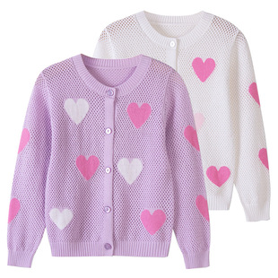 2025 New Children's Clothing Round Neck Heart Cut Out Top Jacket Summer Air-Conditioned Shirt Girls Knitted Cardigan