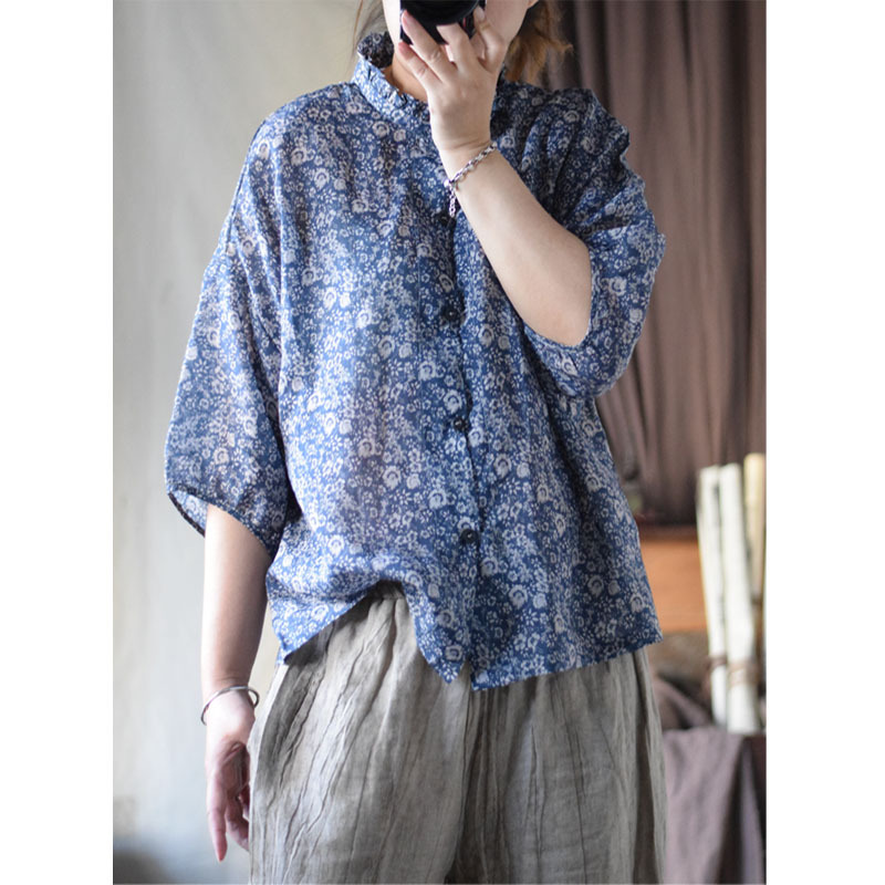 New Original Comfortable Ramie Printed Small Artistic Fungus Llace Collar Clear Open Button Top 25015