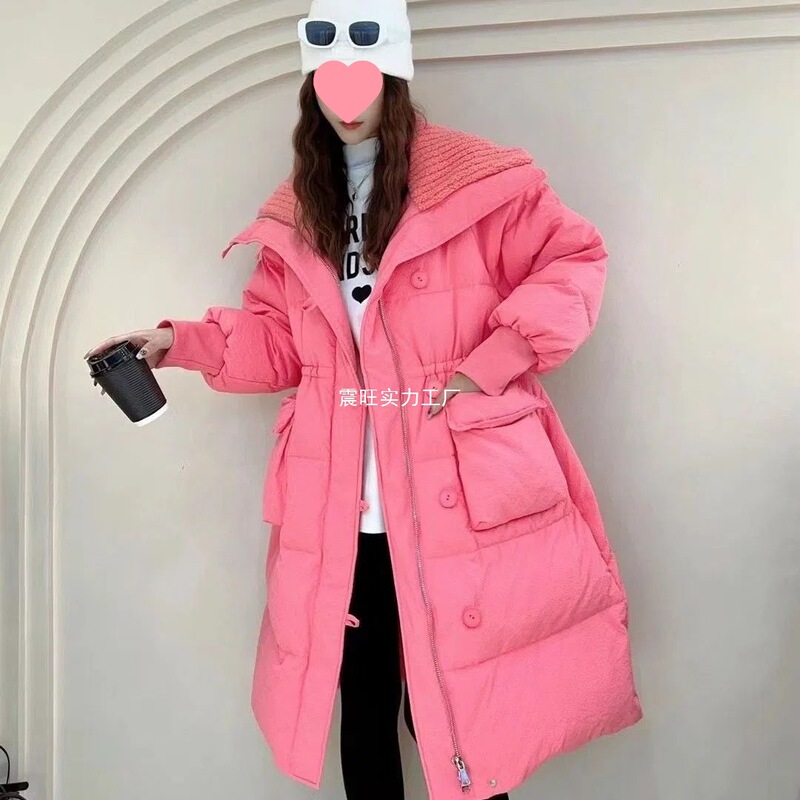 European-Style Knitted Large Lapel down Jacket, Mid-Length, Over-The-Knee, Thickened, Warm, Stylish White Duck down Autumn and Winter Coat for Women