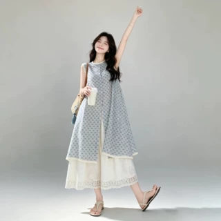 碎花套装女夏季2026新款韩系松弛文艺风花边罩衫蕾丝阔腿裤两件套