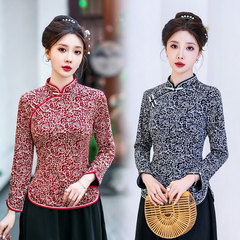 中高年の女性春秋tシャツのチャイナドレスは中国風の底のシャツを襟ます。
