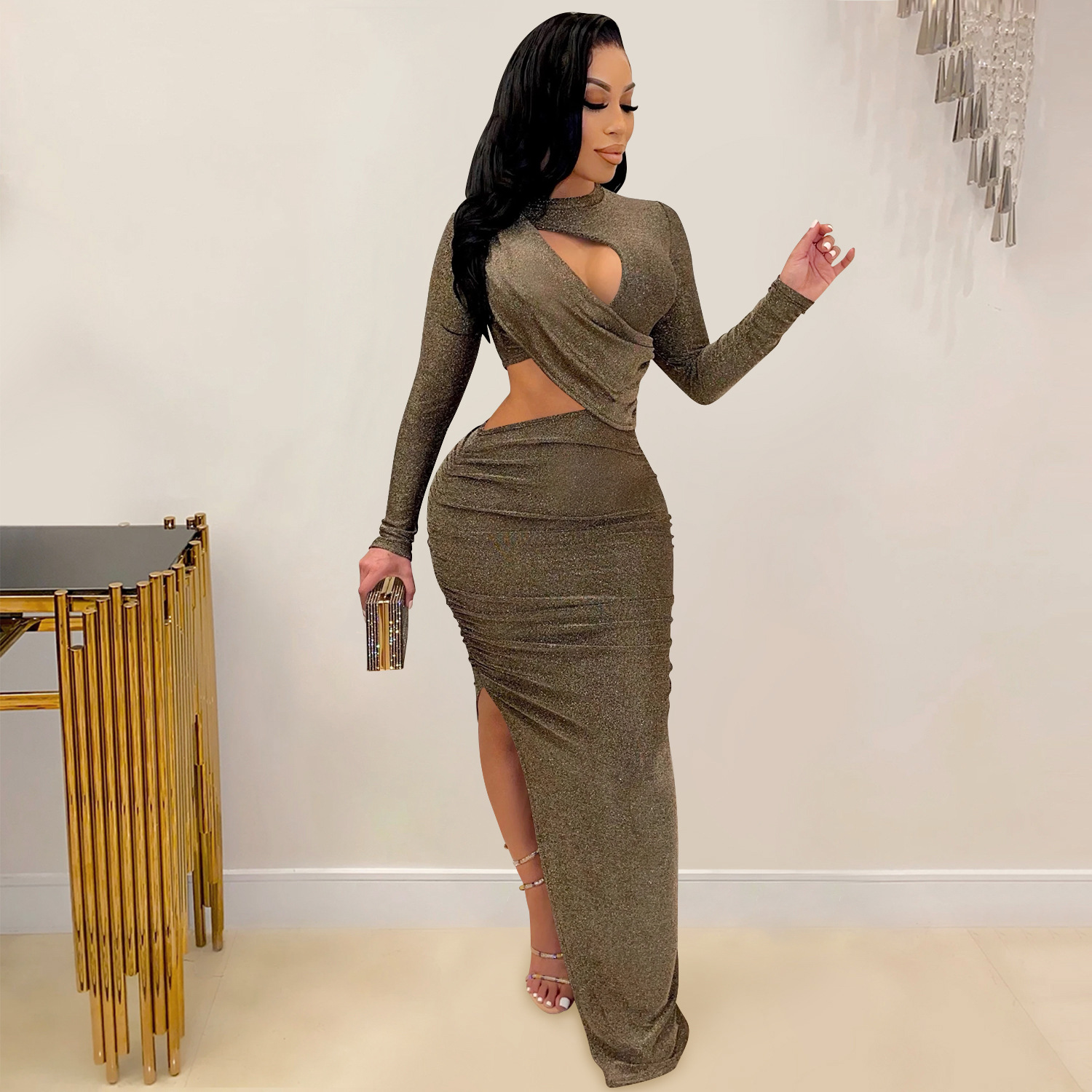 Long Sleeve Sleeve Length Irregular Skirt Dresses Type Regular Sleeve Sleeve Type Wholesale Women'S Sexy Splicing Solid Color Holiday Daily Round Neck Long Sleeve Irregular Skirt