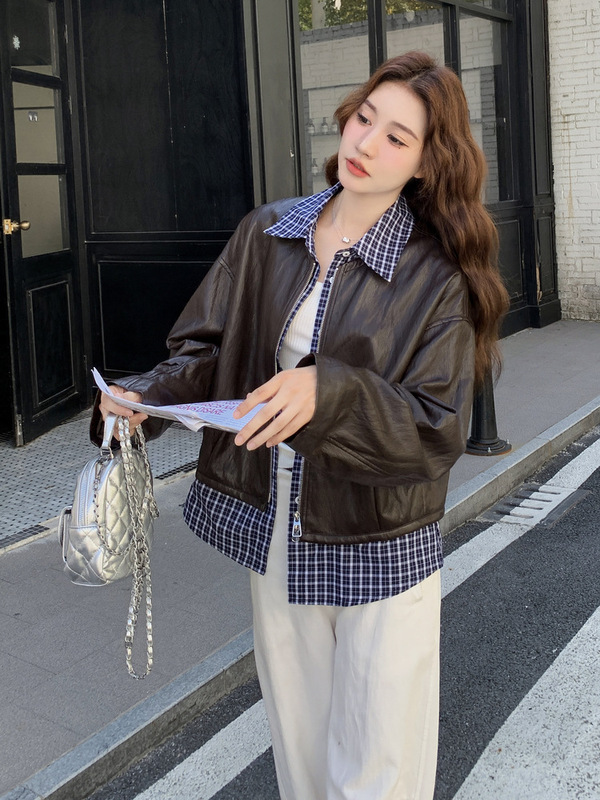酷飒风假两件格子拼接咖色皮衣外套女秋季2025新款韩系炸街皮夹克|undefined
