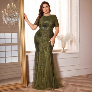 Amazon European and American Plus Size New Short-Sleeved Sequin Dress Long Skirt Fishtail Slim Bridesmaid Banquet Evening Dress