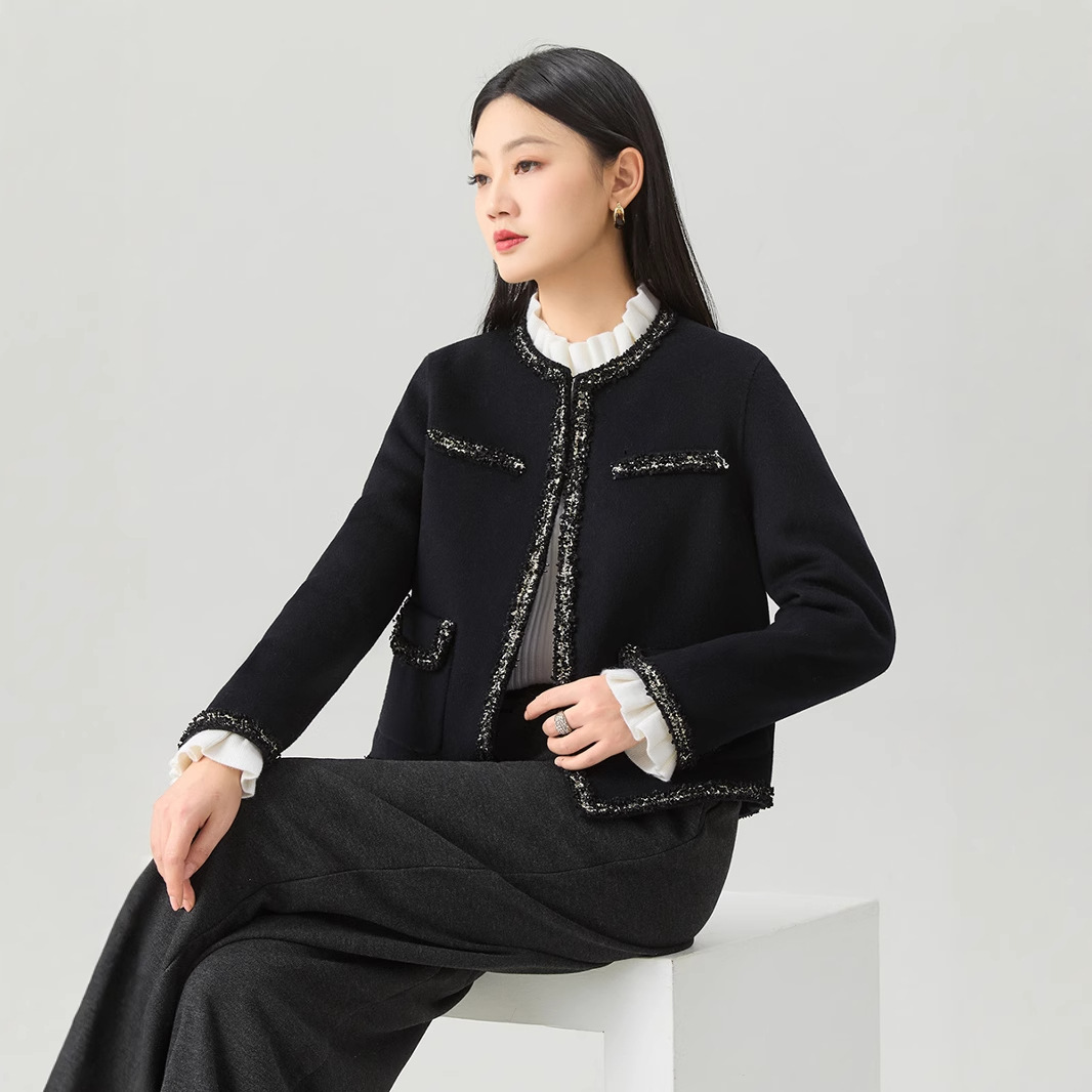 定制澳洲羊毛羊绒编织带气质小香风双面尼大衣气质外套显瘦通勤风